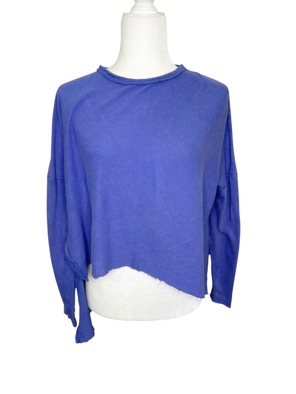 Out from Under Blue Long Sleeve Slouchy Cropped Thrashed Hi-Lo Top
